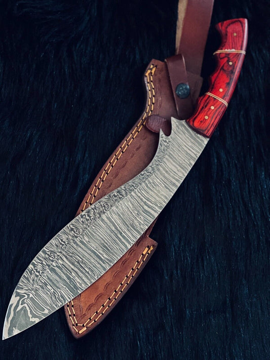 15" Twist Damascus Kukri Bowie Knife – Wood Handle