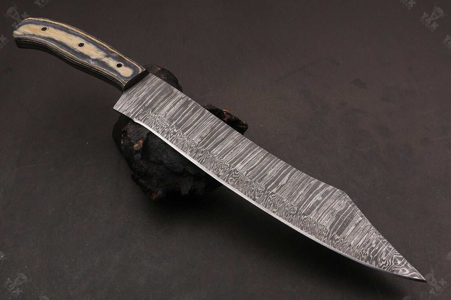 Heritage Forge 15.5 Inch Custom Handmade Damascus Hunting Bowie Knife with Camel Bone and Wood Handle
