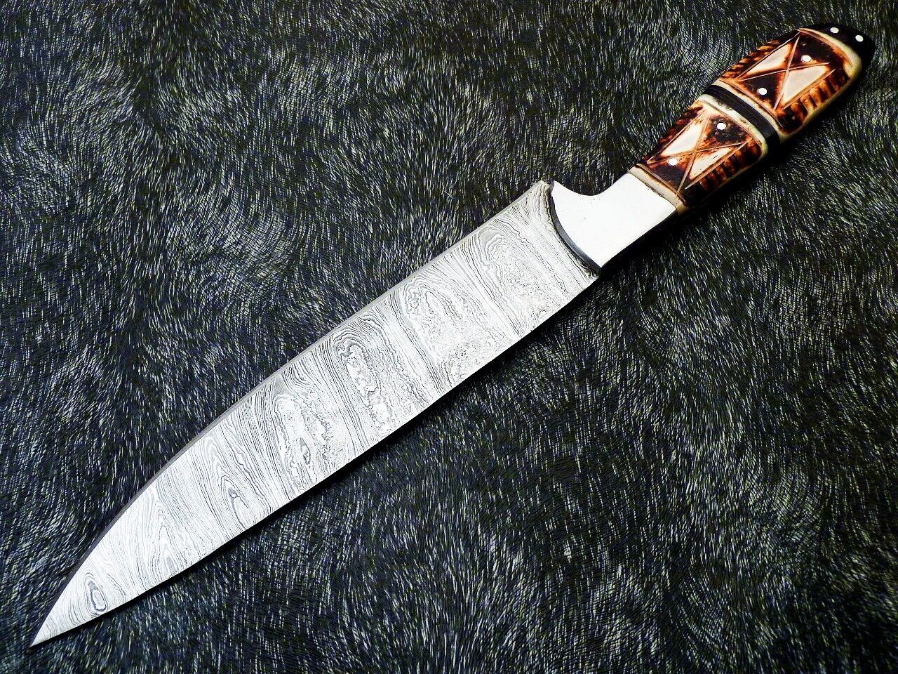 13" Professional Kitchen Chef Knife – Handmade Damascus Blade with Engraved Camel Bone Handle