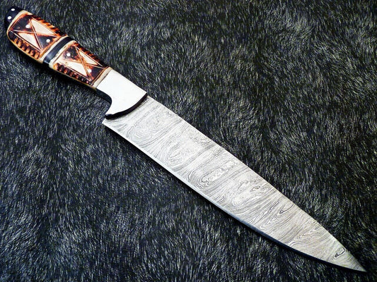 13" Professional Kitchen Chef Knife – Handmade Damascus Blade with Engraved Camel Bone Handle