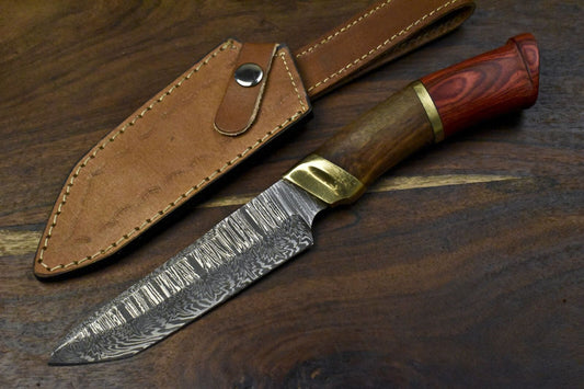 Hand Forged Damascus Skinner Knife with Twist Pattern Blade, Hardwood Handle, and Brass Bolster – 12 Inch Hunting Knife EDC