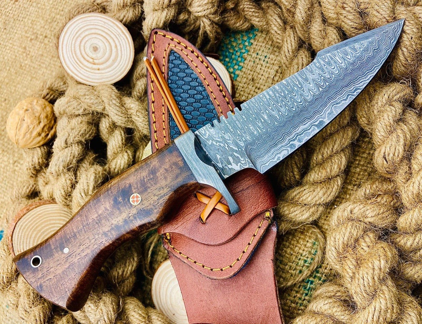 Handmade Damascus Steel Tracker Knife – Hand Forged Hunting Knife with Wood Handle & Sheath