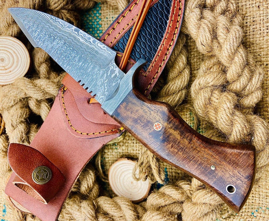 Handmade Damascus Steel Tracker Knife – Hand Forged Hunting Knife with Wood Handle & Sheath