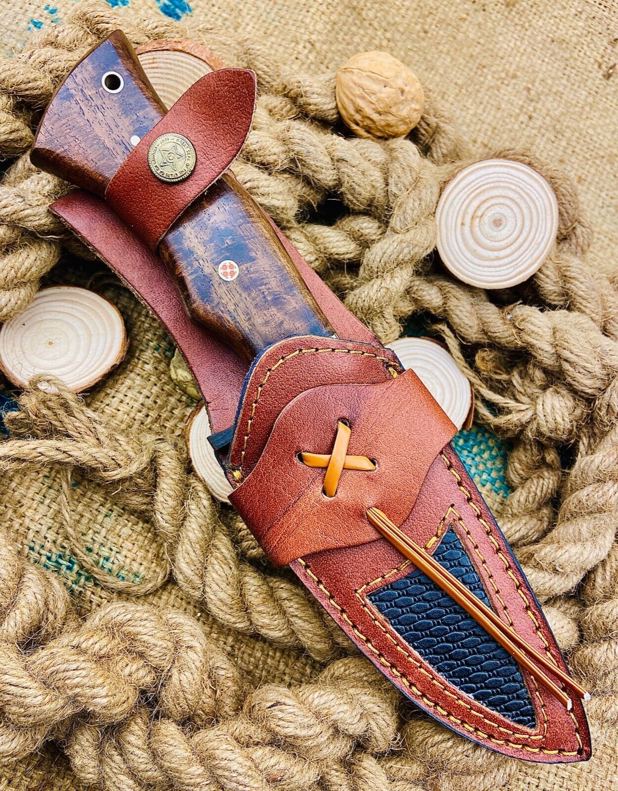 Handmade Damascus Steel Tracker Knife – Hand Forged Hunting Knife with Wood Handle & Sheath