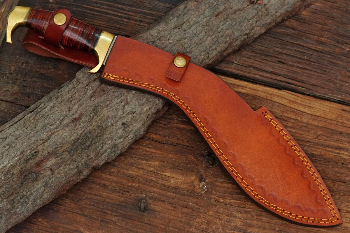 17 inch stainless steel kukri bowie knife with a stacked leather handle and brass fittings