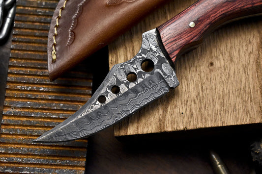 Handmade Skinner Knife Rain Drop Damascus Hard Wood Sports Veterans Gift w/ Leather Sheath
