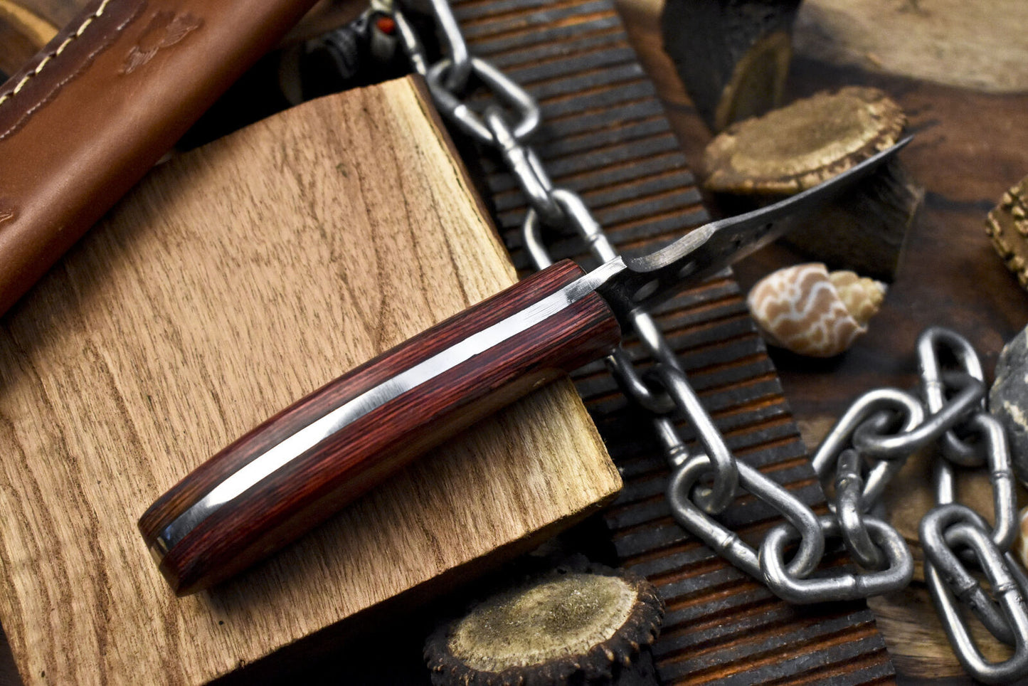 Handmade Skinner Knife Rain Drop Damascus Hard Wood Sports Veterans Gift w/ Leather Sheath