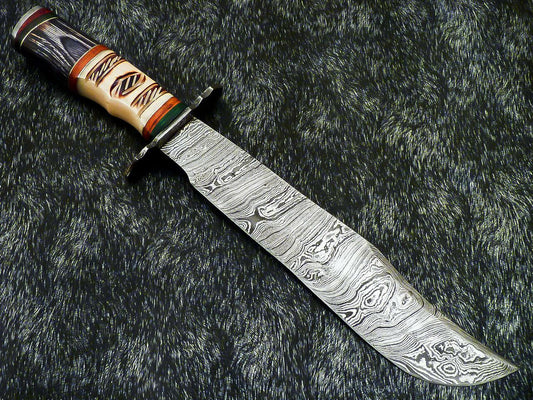 Hand Forged Damascus 15.5" Bowie Hunting Knife | Hard Wood & Camel Bone Handle
