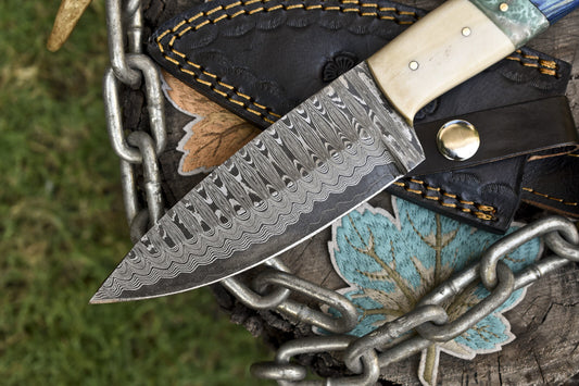 9" Handmade Ladder Damascus Skinner Knife Mixed Material Handle Hunting Razor Sharp