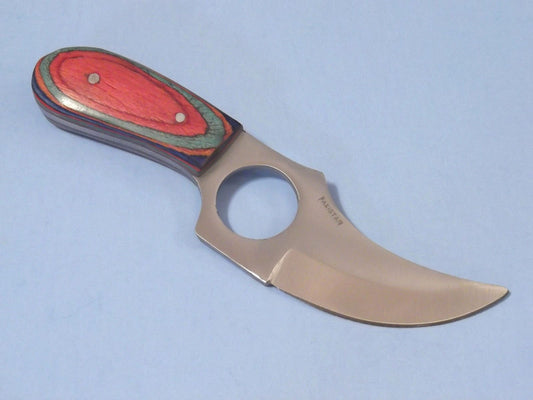 Short Skinner Knife – 5.75" Full Tang Stainless Blade, Multi-Color Wood Handle, Finger Hole, Leather Sheath