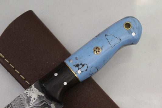 Twist Damascus Skinner Knife with Acrylic Handle and Mosaic Pins Hunting Blade
