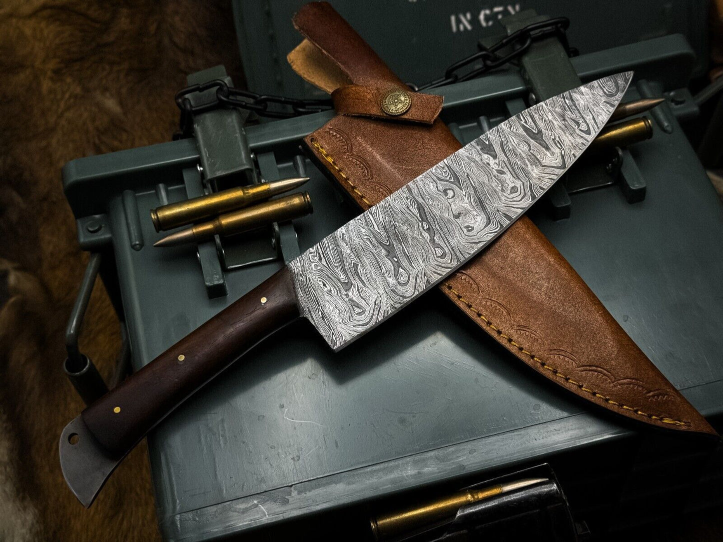 Handmade Damascus Steel Chef Knife – Wood Handle & Leather Sheath by 2a Knives