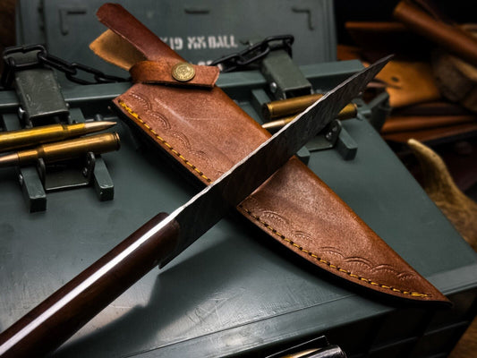 Handmade Damascus Steel Chef Knife – Wood Handle & Leather Sheath by 2a Knives