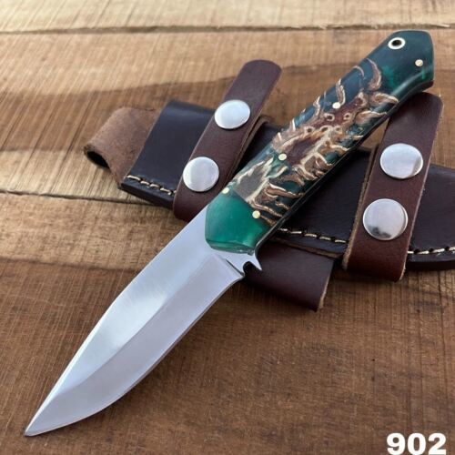 9 Inch D2 Steel Handmade Bowie Knife with Pine Resin Handle and Leather Sheath