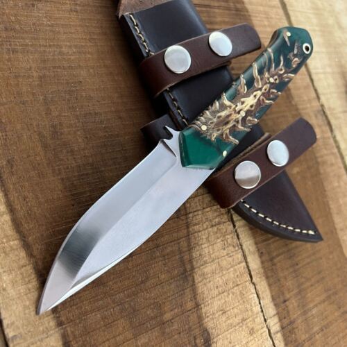 9 Inch D2 Steel Handmade Bowie Knife with Pine Resin Handle and Leather Sheath