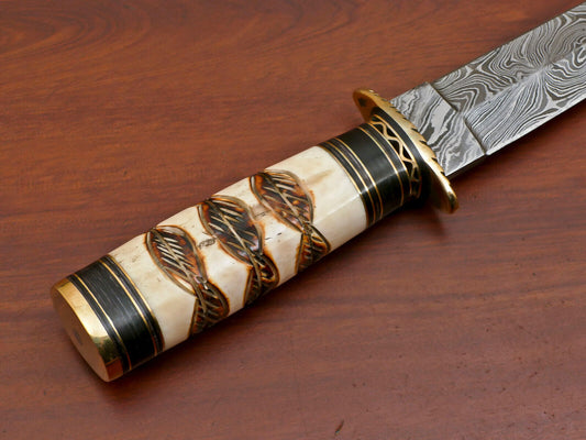 Burn Camel Bone Damascus Art Dagger Bowie – 11" Custom Hunting Knife