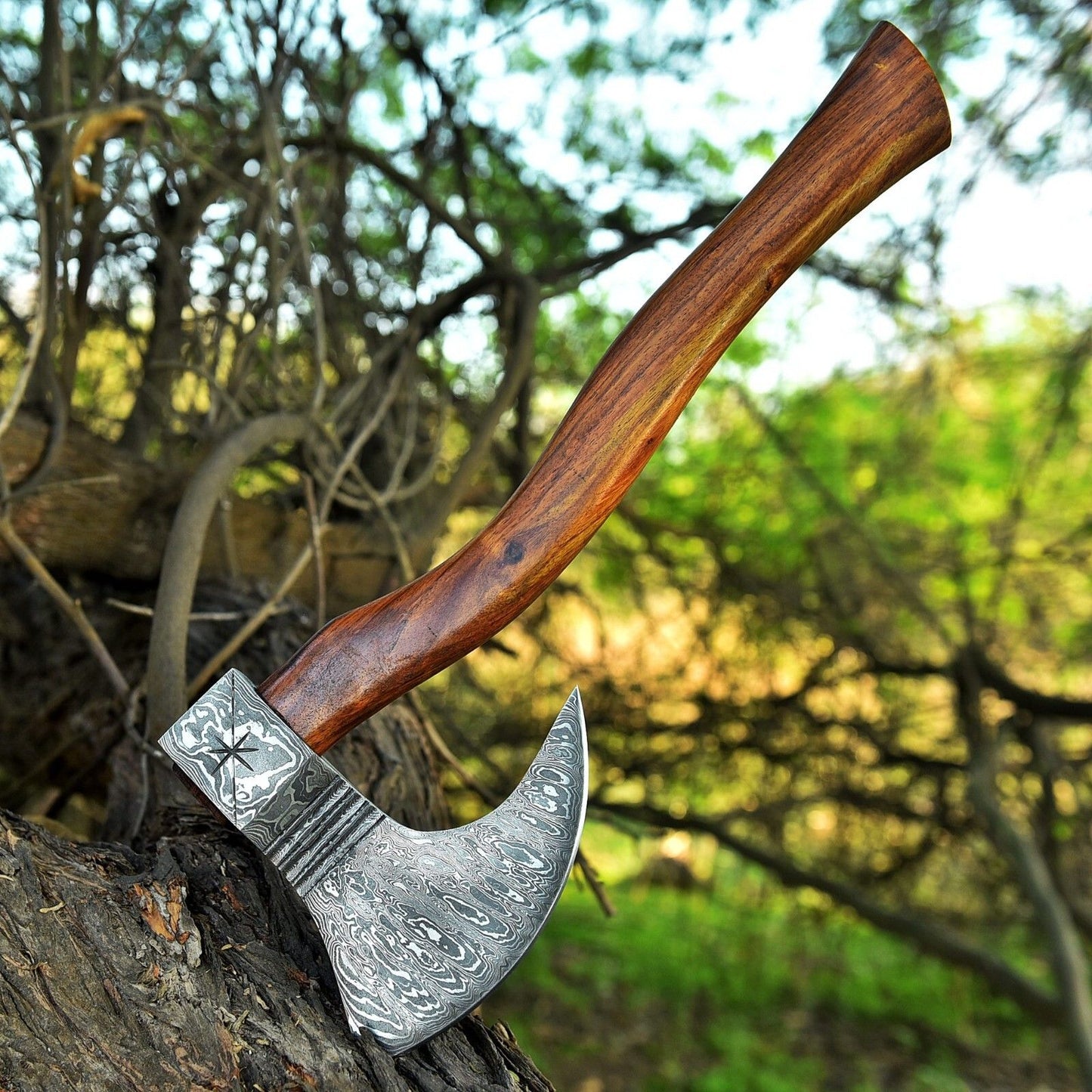 Custom Hand Forged Damascus Steel Viking Outdoor Camping Hatchet Tomahawk Axe with Natural Wood Handle and Leather Sheath
