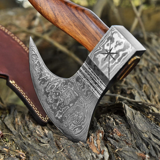 Custom Hand Forged Damascus Steel Viking Outdoor Camping Hatchet Tomahawk Axe with Natural Wood Handle and Leather Sheath