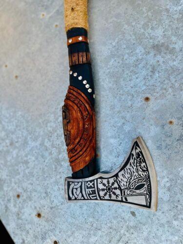 20" Hand Forged Viking Axe with Etched Carbon Steel Head and Wooden Handle