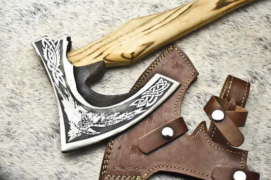 Custom Handmade High Carbon Steel Viking Axe with Laser Etched Blade and 18 Inch Handle