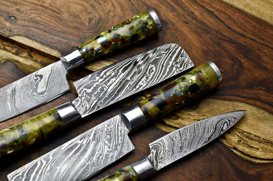 Set of 4 Artisan Handmade Damascus Steel Chef Knives – Premium Forged Kitchen Blades
