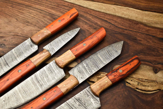 Lot of 5 Handmade Damascus Steel Blade Chef Knife Set with Leather Sheath