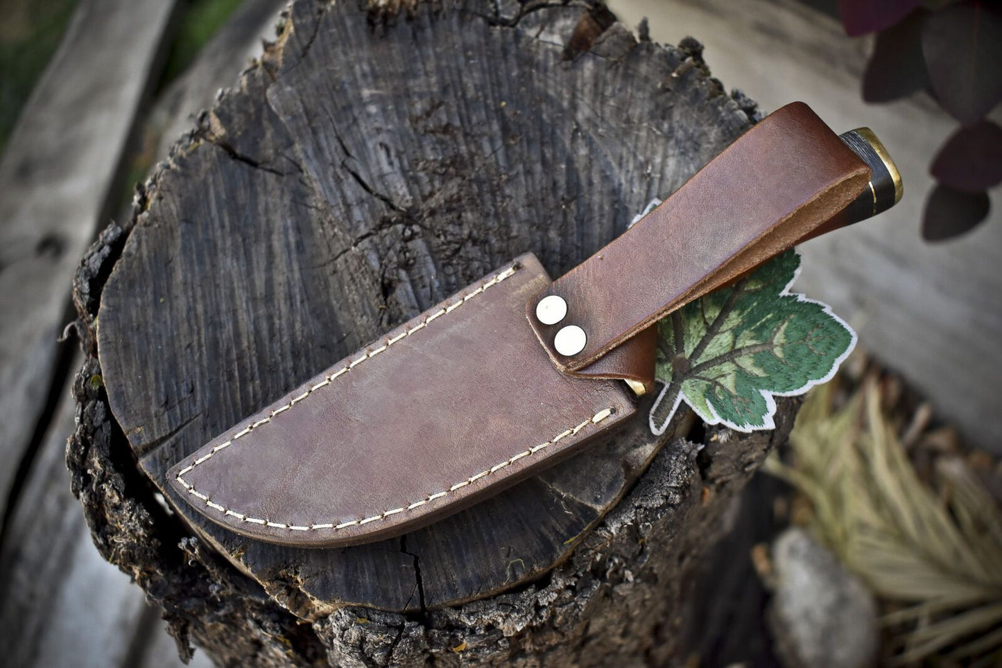 Hand Forged Twist Damascus Skinner Knife with Gut Hook Corian Handle and Leather Sheath