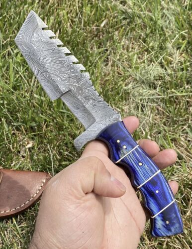 Handmade Damascus Steel Tracker Knife – 10" Tactical Hunting Survival Outdoor Camping Knife with Leather Sheath