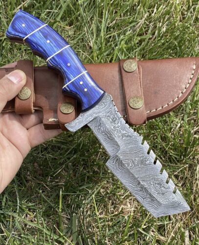 Handmade Damascus Steel Tracker Knife – 10" Tactical Hunting Survival Outdoor Camping Knife with Leather Sheath