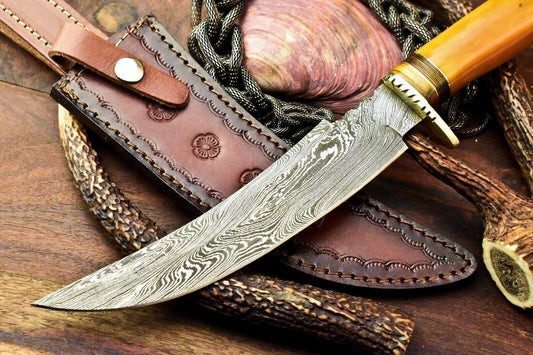 13" Handmade Damascus Steel Bowie Hunting Knife | Stained Camel Bone