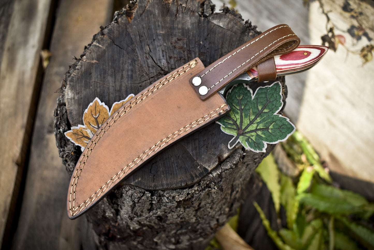 Twist Damascus Skinner Knife – Hardwood Handle with Wooden Bolster for Survival