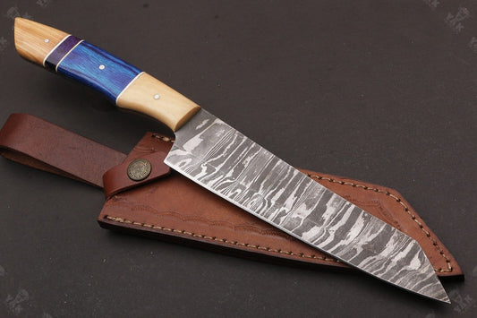 13” Fire Storm Handmade Damascus Steel Chef Knife – Resin Handle with Brass Pins