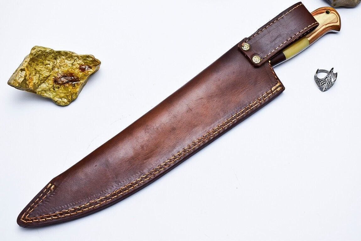 Custom Handmade Damascus Chef & Hunting Knife – 9" Blade with Bone & Wood Handle + Leather Sheath