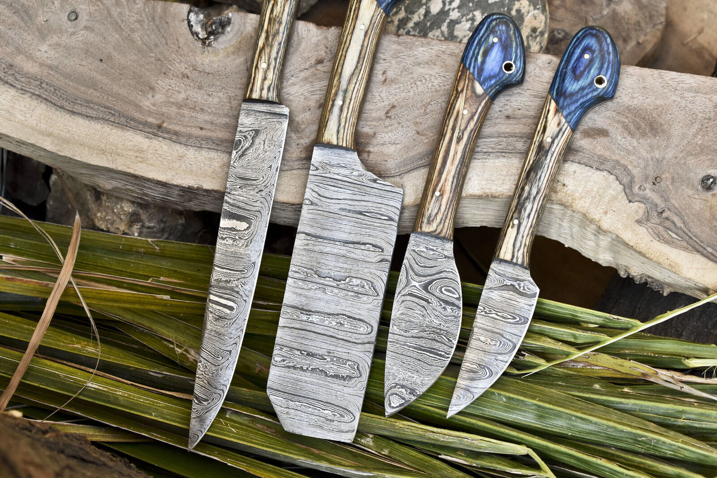 Handcrafted Damascus Chef Knife Set of 4 – Ash Wood Handle, 13" Full Tang Kitchen Knives