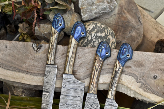 Handcrafted Damascus Chef Knife Set of 4 – Ash Wood Handle, 13" Full Tang Kitchen Knives