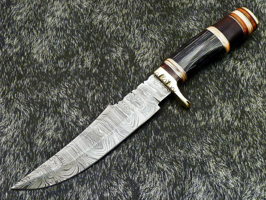 Authentic 13" Handmade Damascus Bowie Hunting Knife – Hardwood Handle with Leather Sheath
