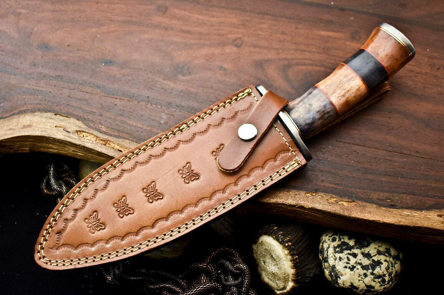 13" Damascus Steel Bowie Knife | Camel Bone Handle
