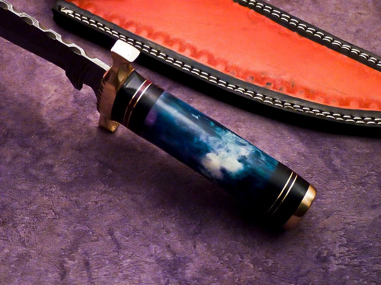 15 Inch Handmade Damascus Steel Bowie Hunting Knife with Epoxy Resin and Brass Handle by Heritage Forge