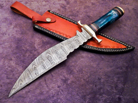 15 Inch Handmade Damascus Steel Bowie Hunting Knife with Epoxy Resin and Brass Handle by Heritage Forge