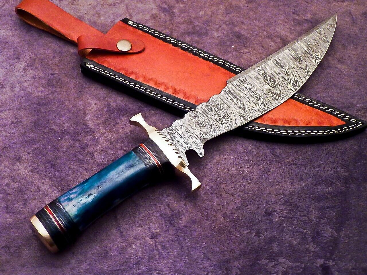 15 Inch Handmade Damascus Steel Bowie Hunting Knife with Epoxy Resin and Brass Handle by Heritage Forge