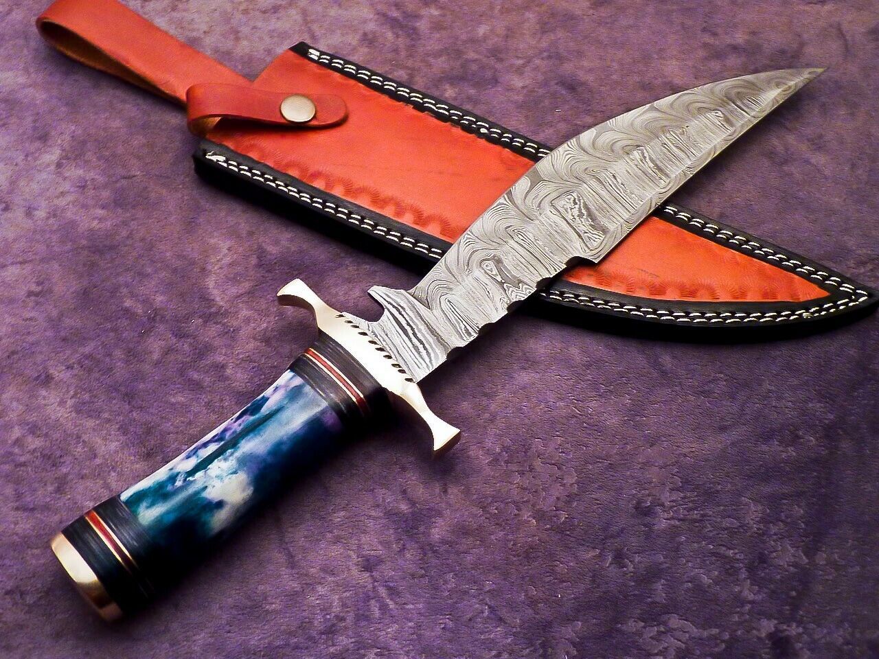 15 Inch Handmade Damascus Steel Bowie Hunting Knife with Epoxy Resin and Brass Handle by Heritage Forge