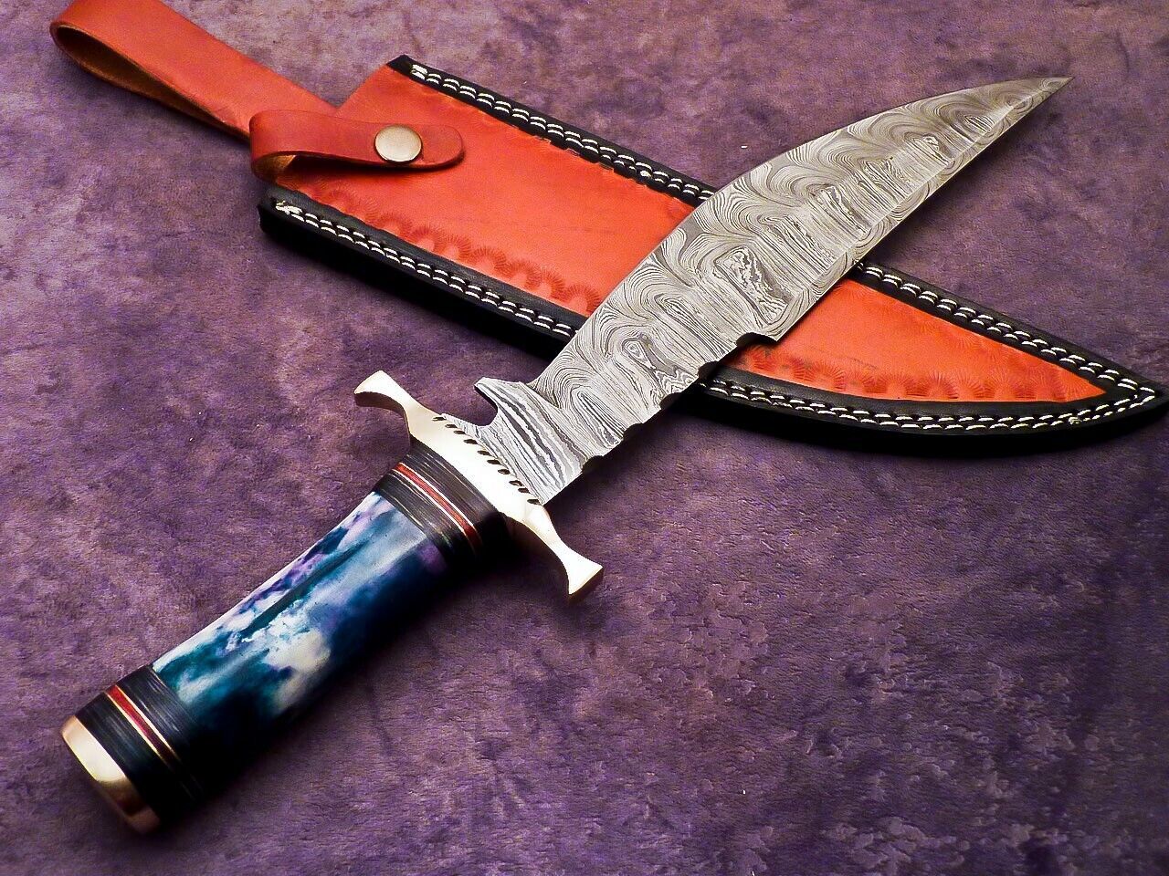 15 Inch Handmade Damascus Steel Bowie Hunting Knife with Epoxy Resin and Brass Handle by Heritage Forge