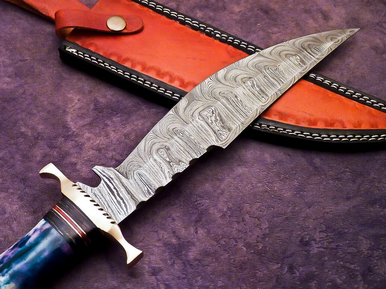 15 Inch Handmade Damascus Steel Bowie Hunting Knife with Epoxy Resin and Brass Handle by Heritage Forge