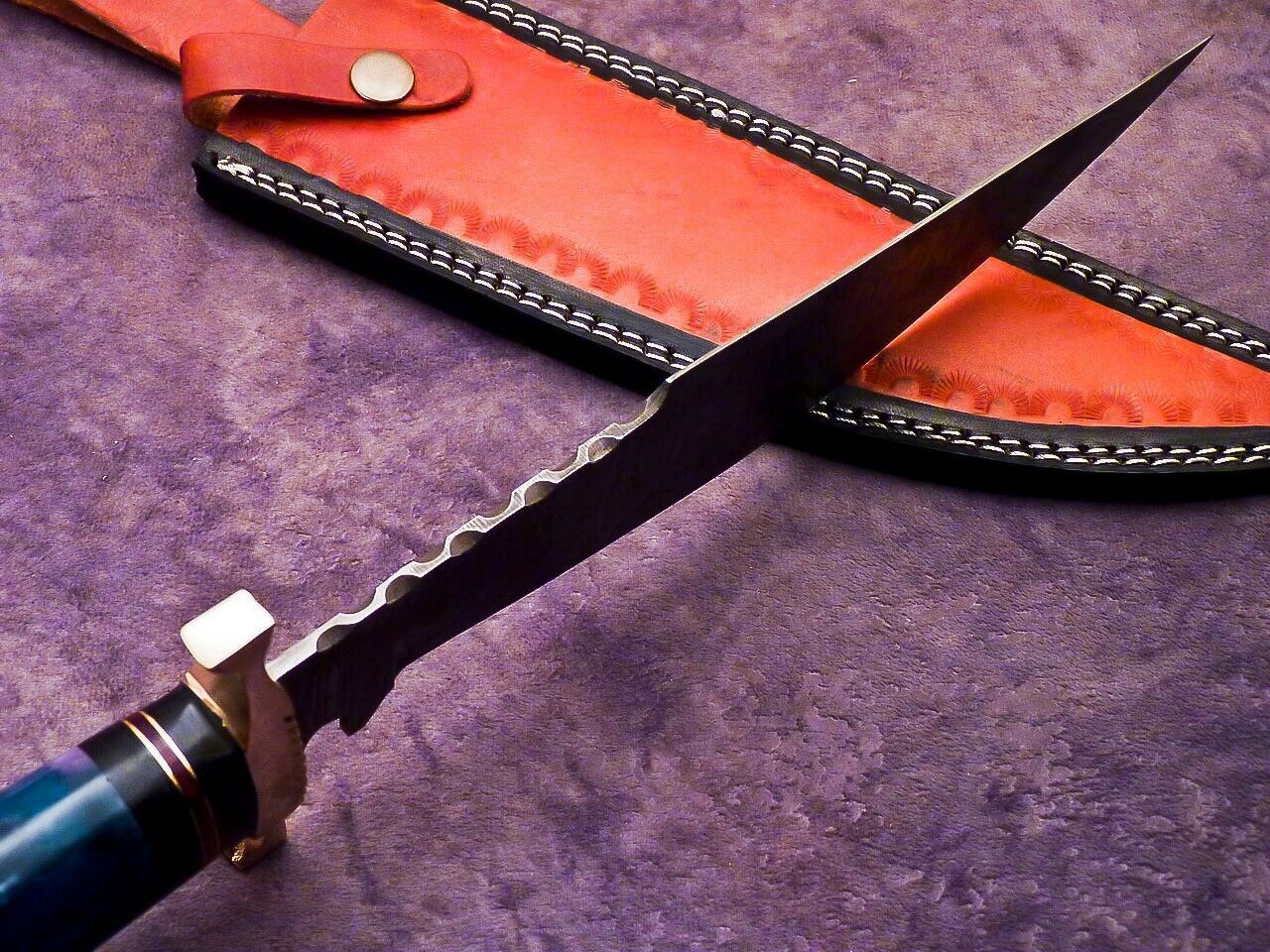 15 Inch Handmade Damascus Steel Bowie Hunting Knife with Epoxy Resin and Brass Handle by Heritage Forge