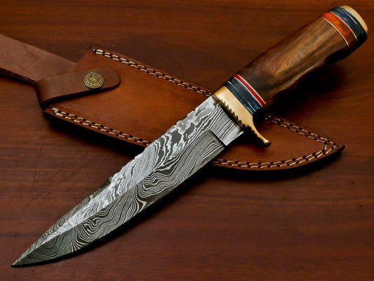 12" Handmade Damascus Bowie Hunting Knife | Rose Wood & Pakka Wood Handle