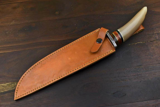 13.5" Tanto Damascus Bowie Knife – Bull Horn Handle & Leather Sheath