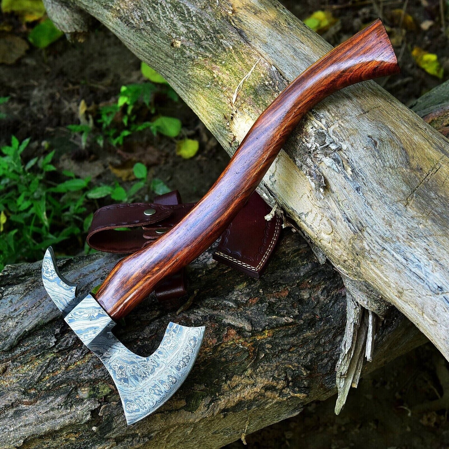 Custom Hand Forged Damascus Steel Viking Bearded Camping Hatchet Tomahawk Axe with Natural Wood Handle and Leather Sheath