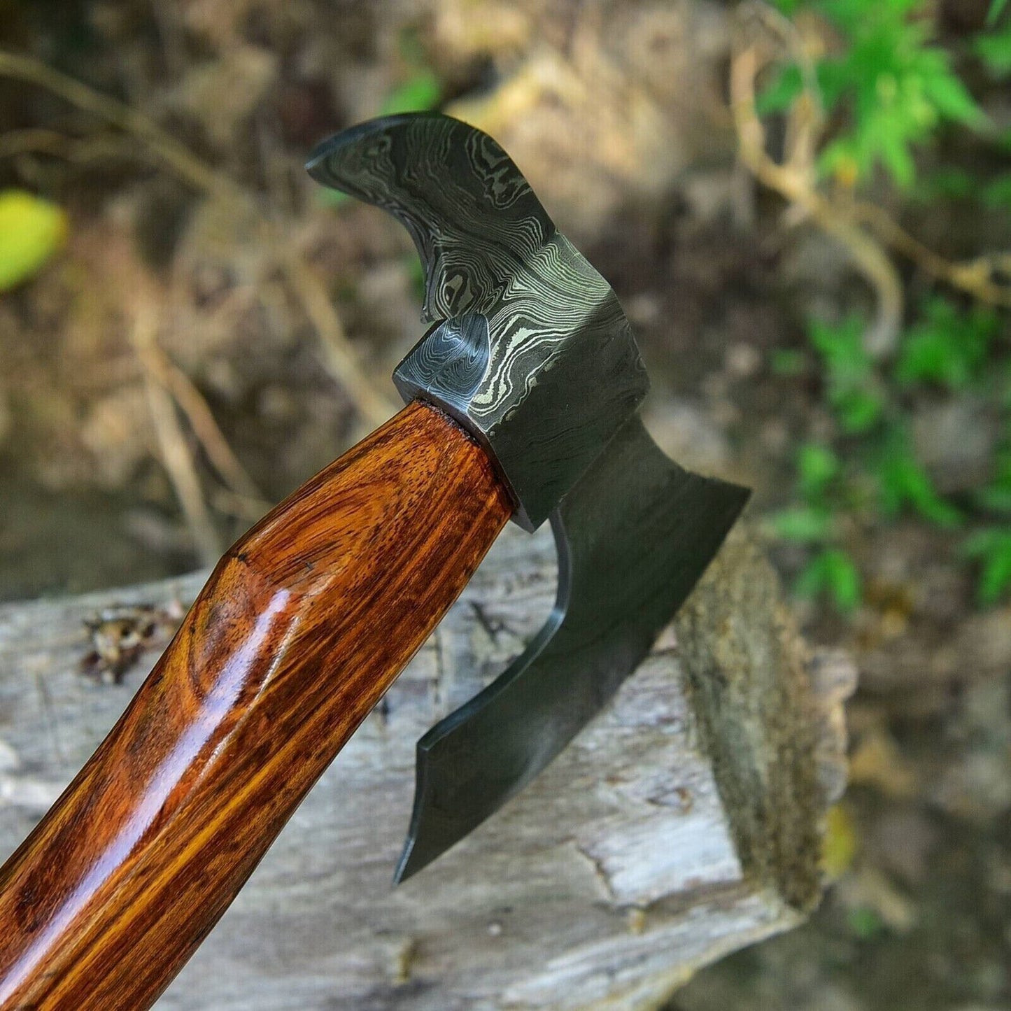 Custom Hand Forged Damascus Steel Viking Bearded Camping Hatchet Tomahawk Axe with Natural Wood Handle and Leather Sheath