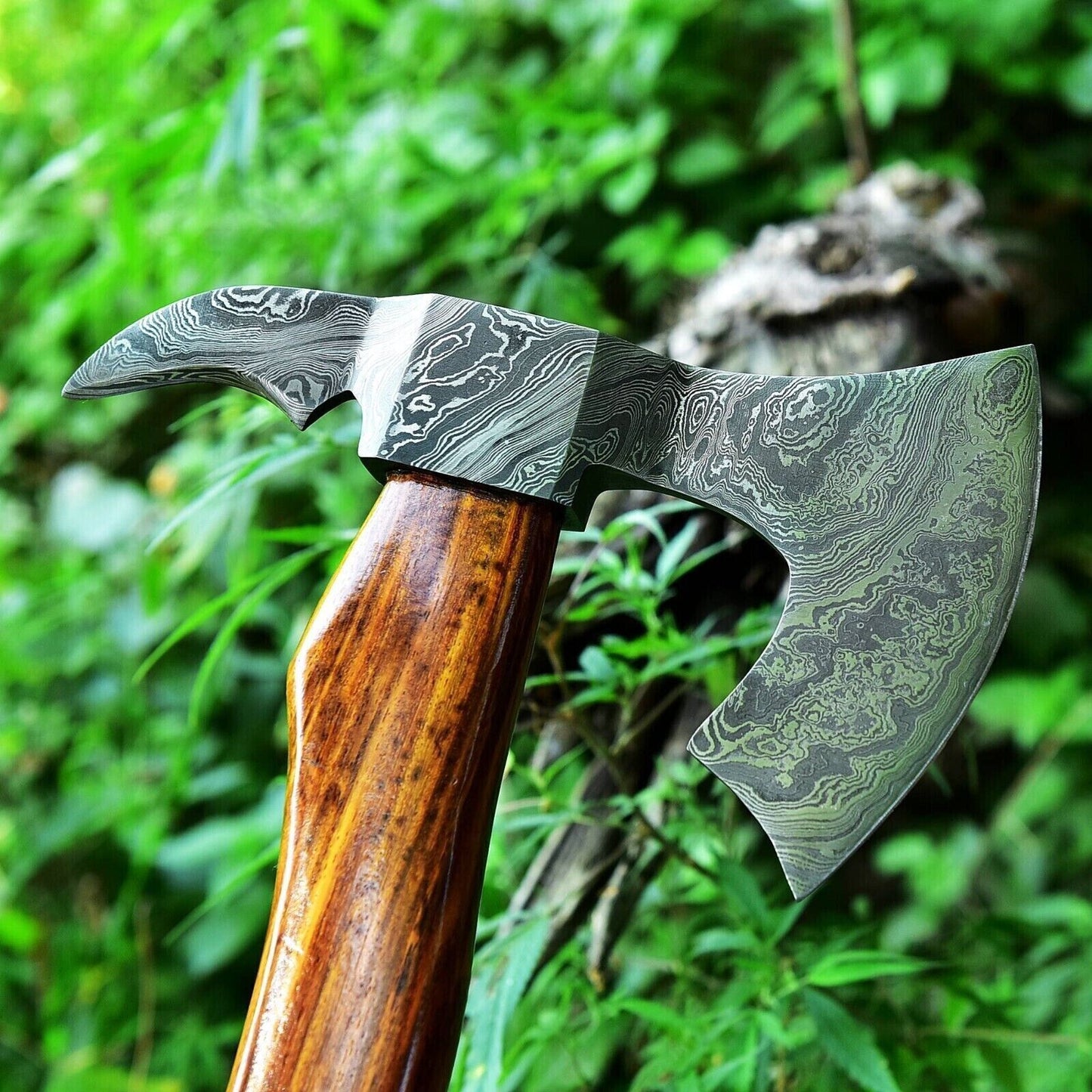 Custom Hand Forged Damascus Steel Viking Bearded Camping Hatchet Tomahawk Axe with Natural Wood Handle and Leather Sheath