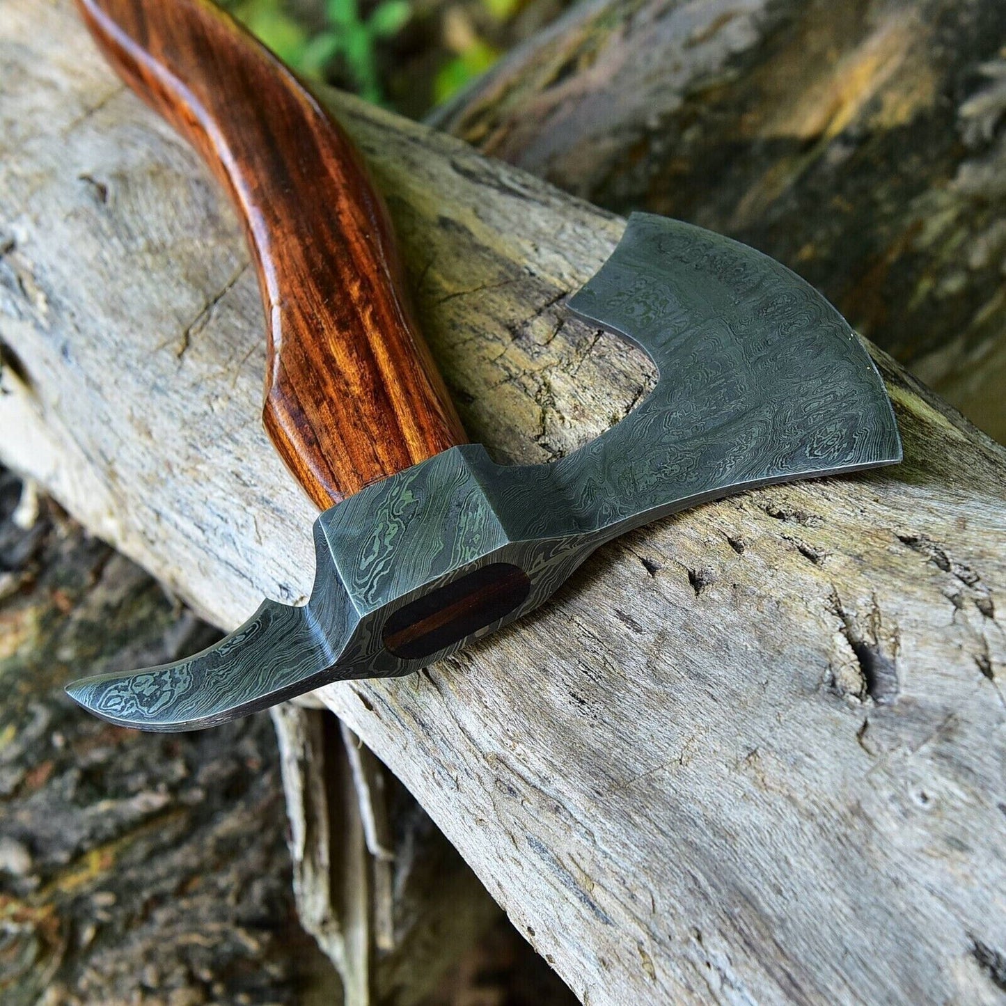 Custom Hand Forged Damascus Steel Viking Bearded Camping Hatchet Tomahawk Axe with Natural Wood Handle and Leather Sheath
